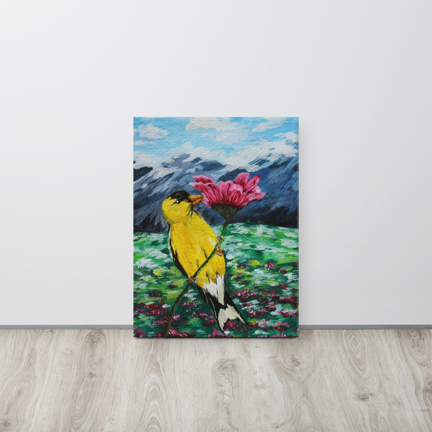 Goldfinch on a Zinnia Canvas
