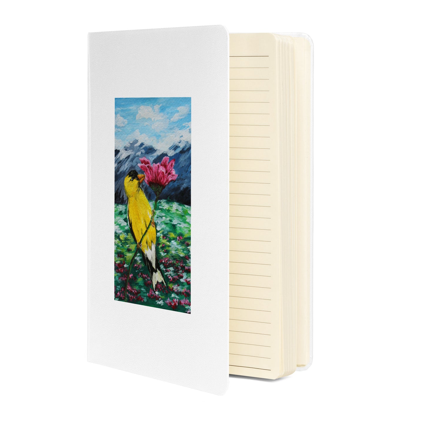 Goldfinch on a Zinnia Hardcover bound notebook