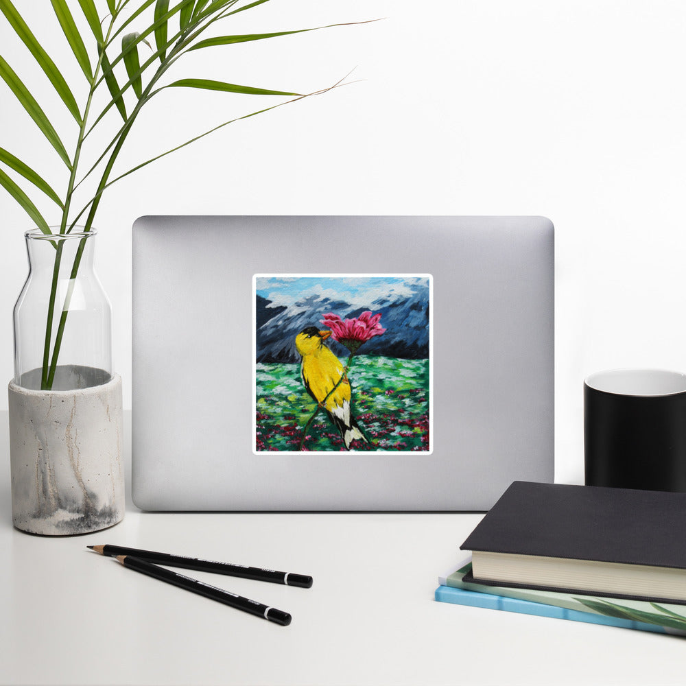 Goldfinch on a Zinnia Sticker