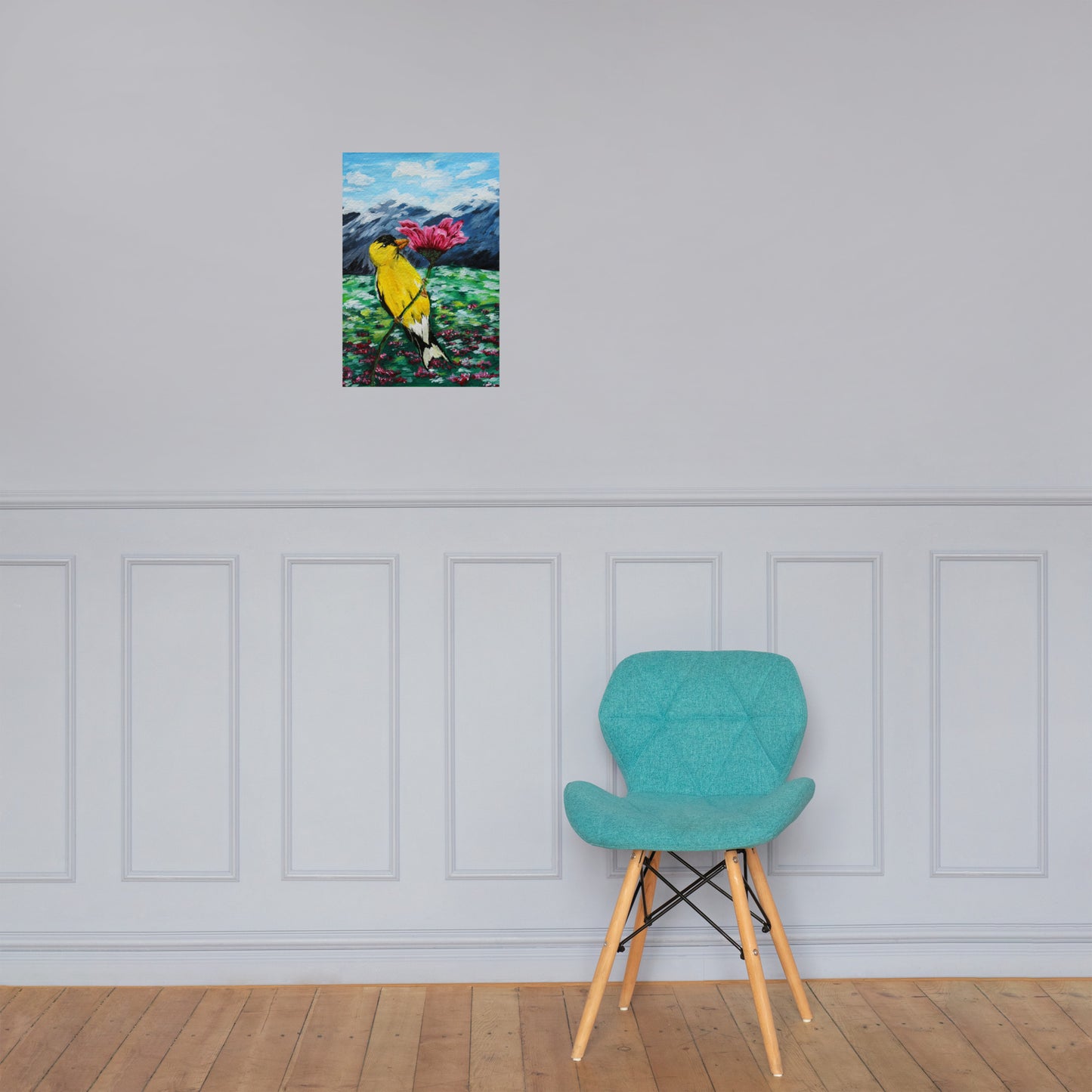 Goldfinch on a Zinnia Photo paper poster