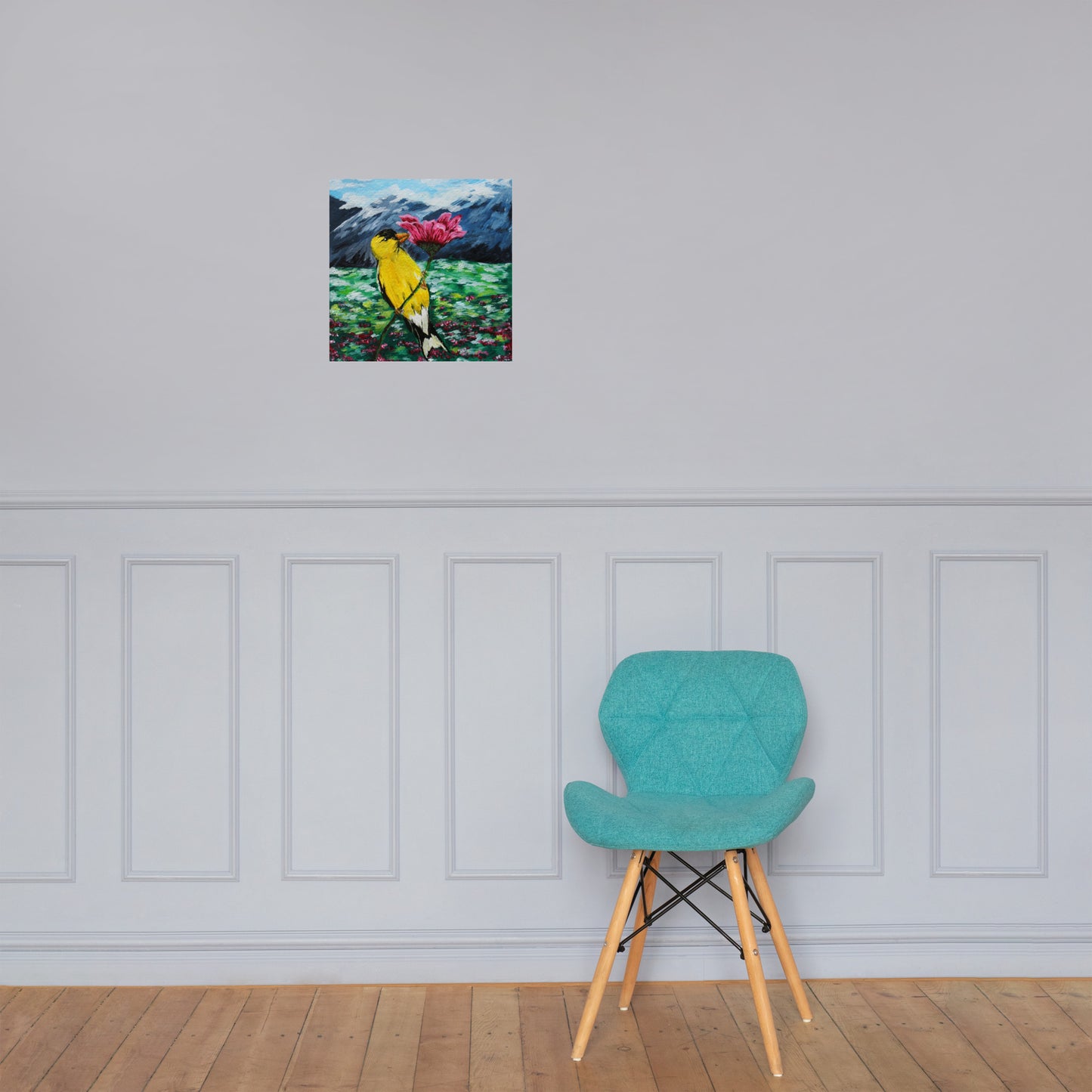 Goldfinch on a Zinnia Photo paper poster