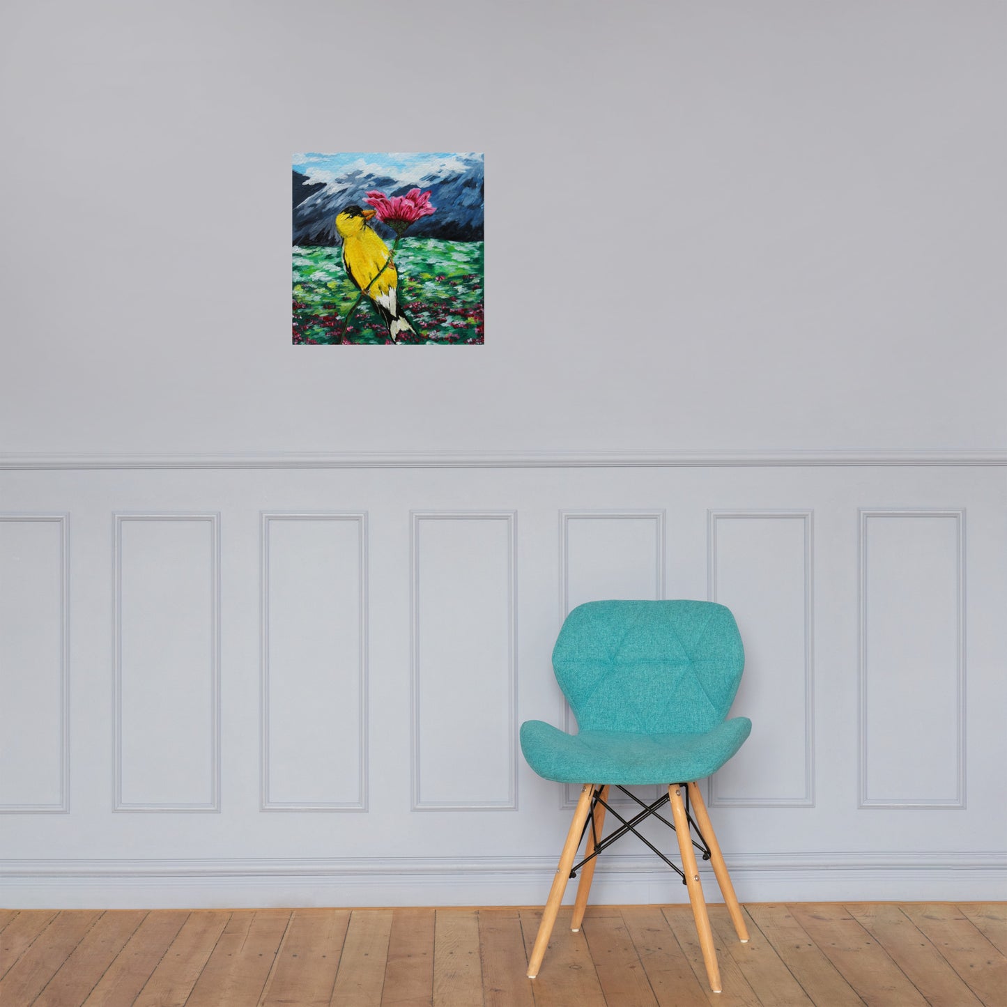Goldfinch on a Zinnia Photo paper poster