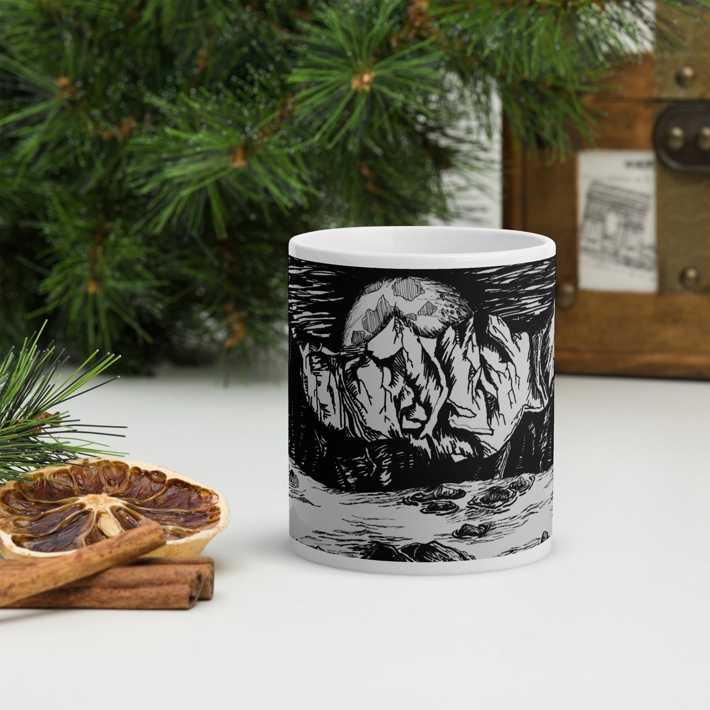 Moonlight Mountains White glossy mug