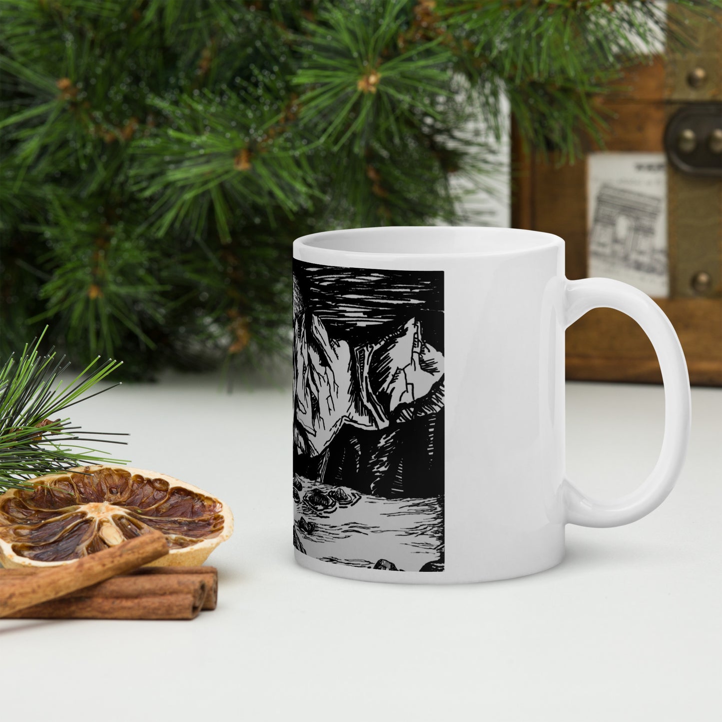 Moonlight Mountains White glossy mug