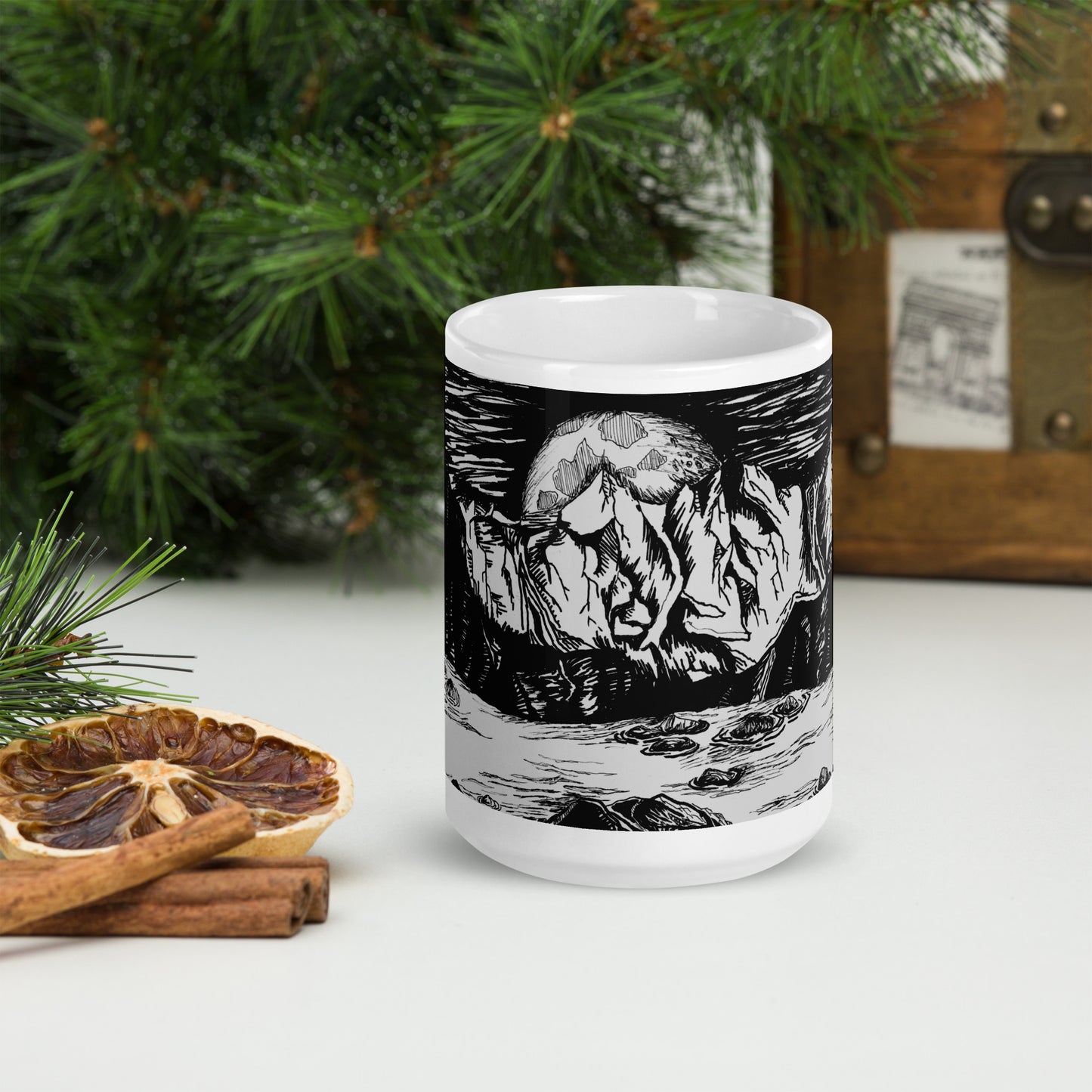 Moonlight Mountains White glossy mug
