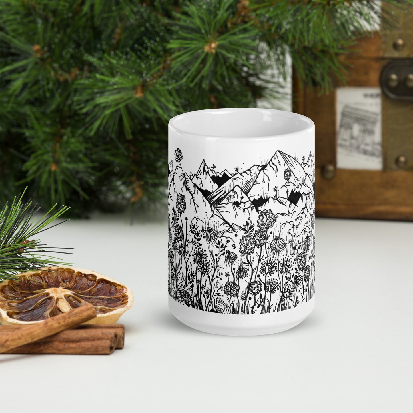 Wildflower Mountains White glossy mug