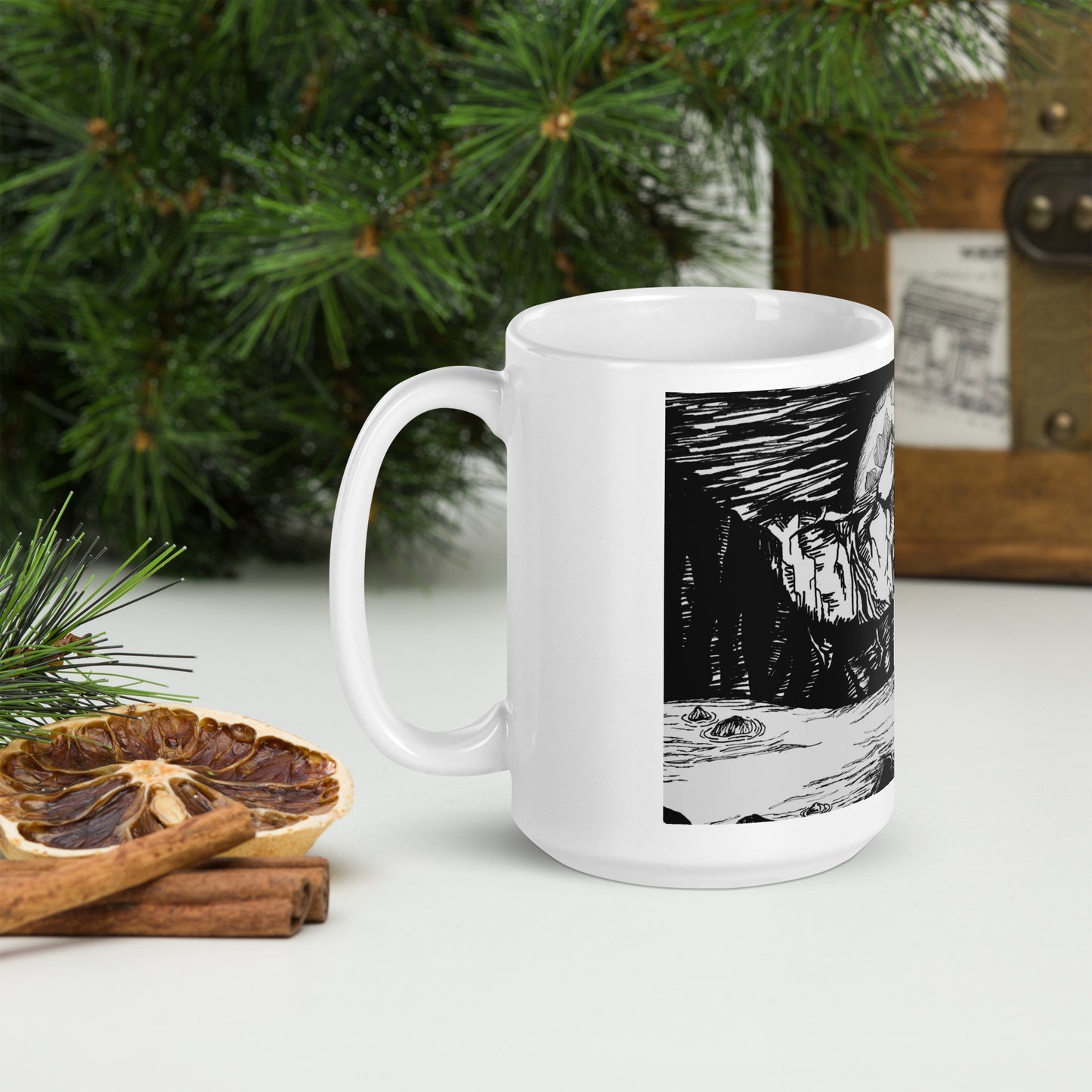 Moonlight Mountains White glossy mug