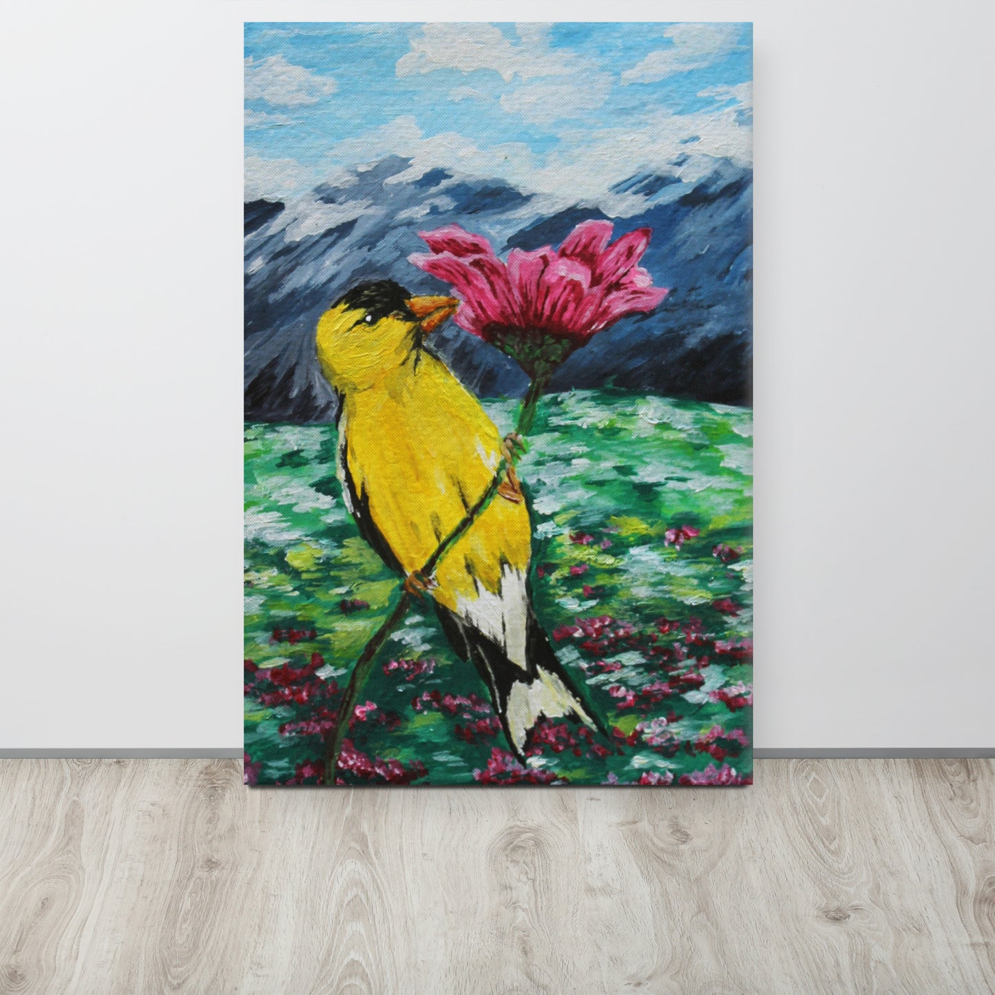 Goldfinch on a Zinnia Canvas