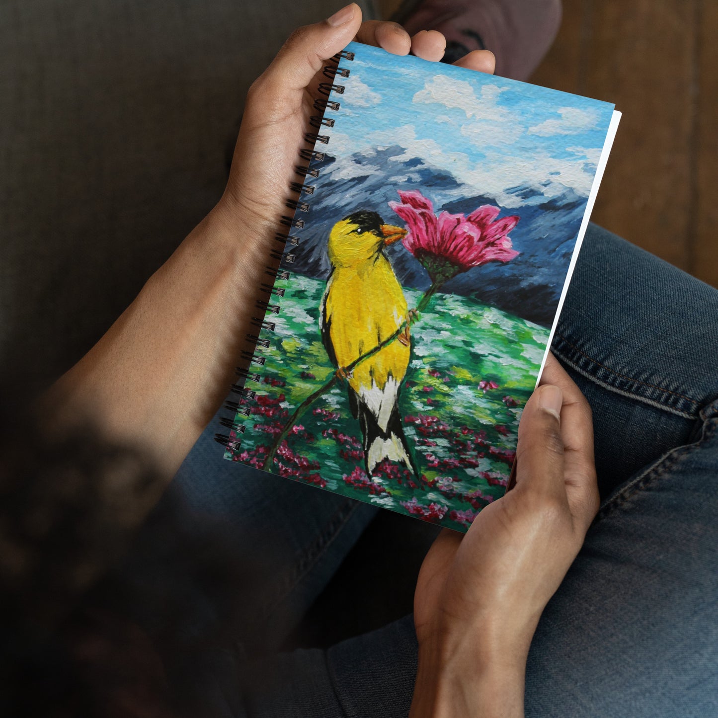 Goldfinch on a Zinnia Spiral notebook
